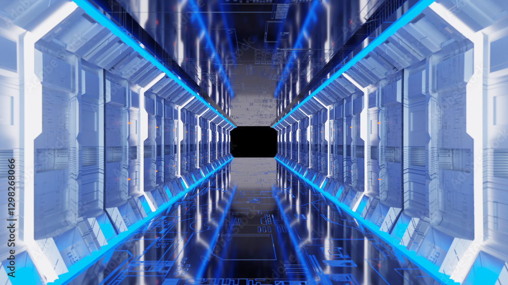 Poster 3d rendering abstract background empty sci-fi modern futuristic cyber spaceship room with smart tech