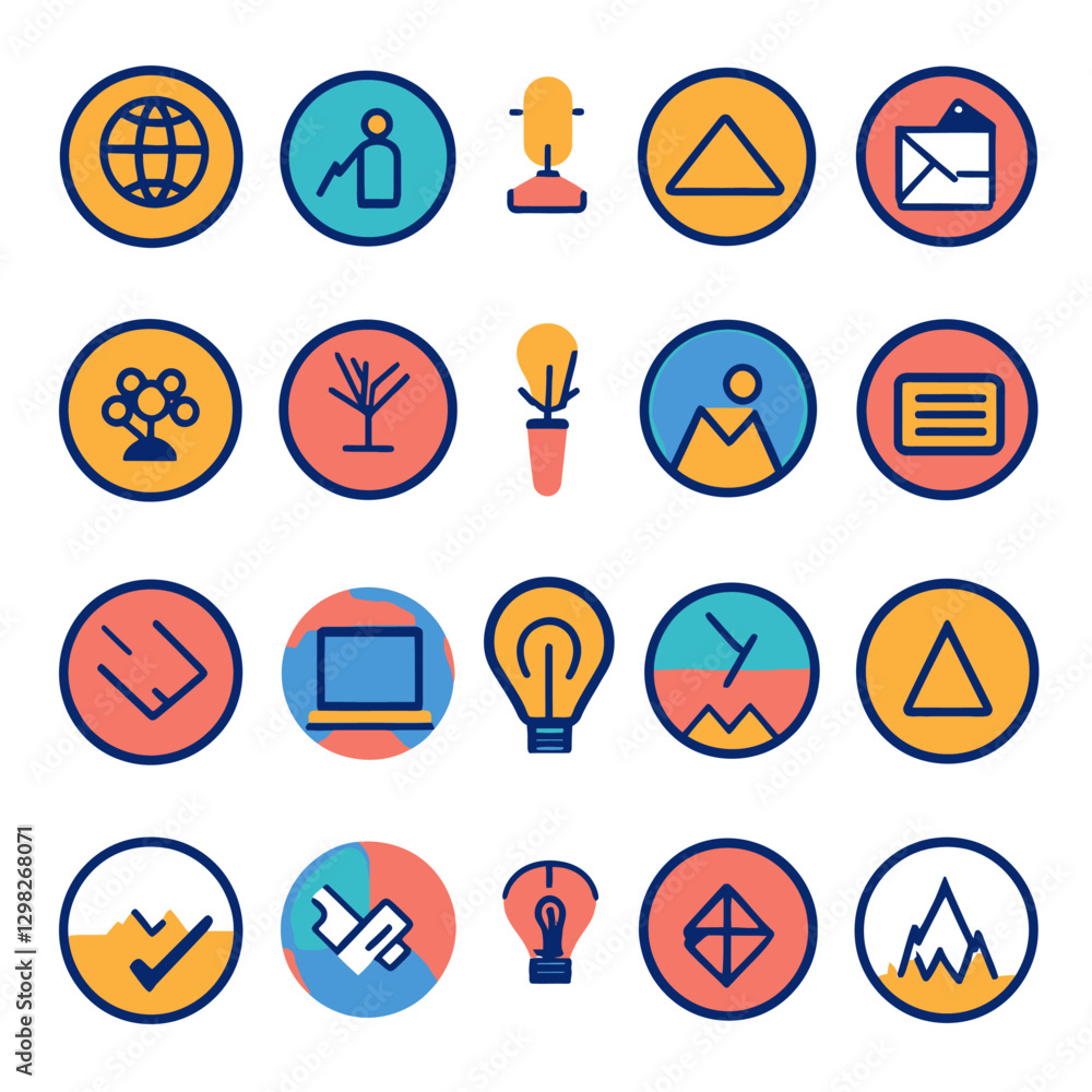 Poster set of vector icons representing concepts such as global network and ideas