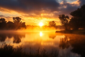 sunrise mist golden glow soft light