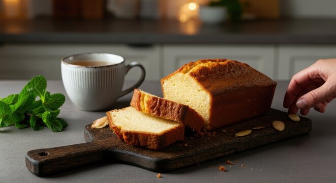 Freshly sliced pound cake with cup of tea on wooden board in kitchen