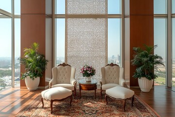 Fototapeta premium Luxurious Neoclassical Living Room with Ornate Furniture and Panoramic City Views in Daylight