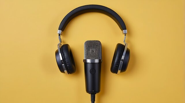 Podcasting Concept with Headphones and Recording Microphone on Yellow Background – Top View

