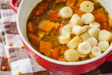 Homemade Lentil Soup with Croutons and Sweet Potatoes