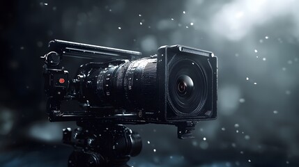 Cinematic Lens: Capturing the essence of filmmaking, a high-end cinematic camera, mounted on a stable tripod, stands ready to record a visual story in cinematic mode. 