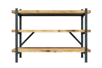 Industrial shelving unit with wooden shelves suitable for home or office storage in any modern space