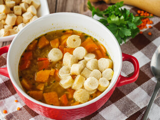 Homemade Lentil Soup with Croutons and Sweet Potatoes