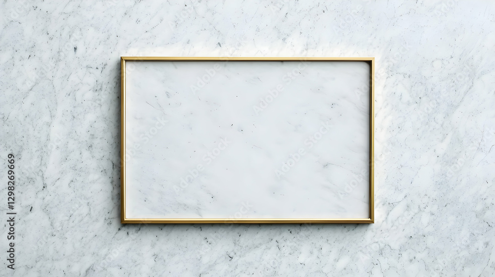 Poster golden rectangular frame displayed on a white marble surface minimalist design