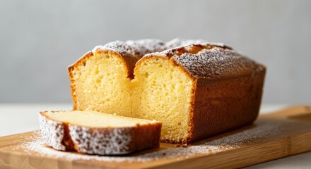 Light and fluffy pound cake dusted with powdered sugar on wooden board