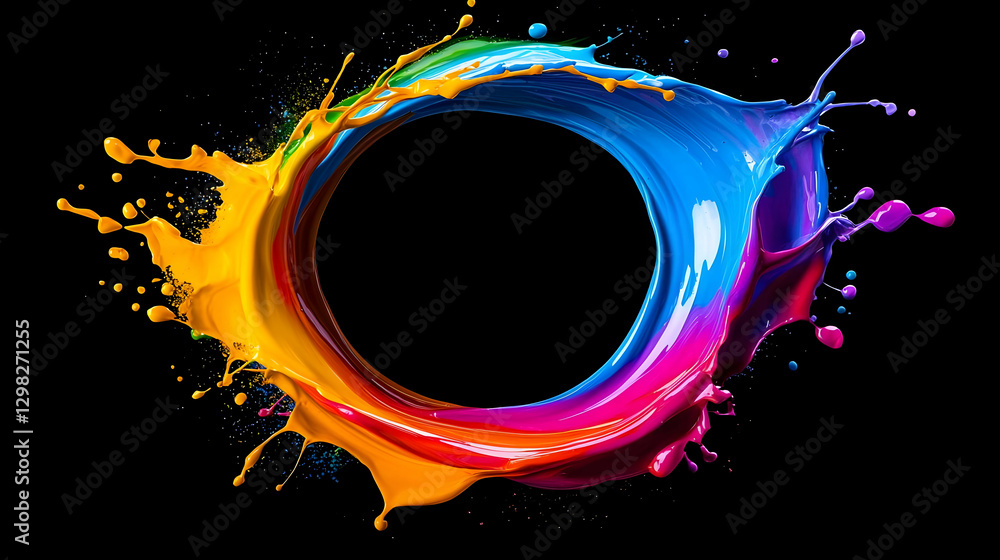 Poster vibrant multicolored paint splash forming a circular shape against a black background