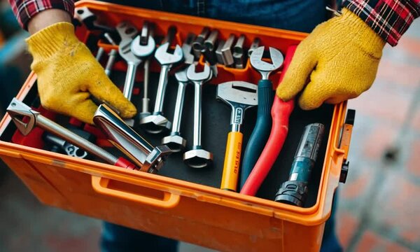 A person holding an orange toolbox filled with various wrenches and tools, close-up shot.