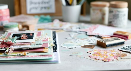 Scrapbooking materials and crafts on table
