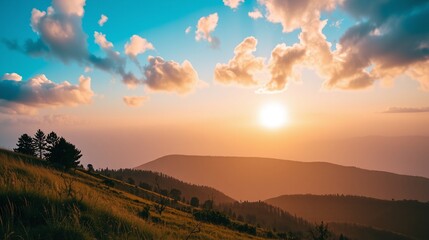 Obraz premium Majestic sunset illuminates serene mountainous landscape.