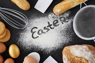 Easter background with pastries, flour and eggs