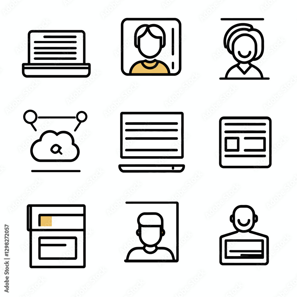 Poster icon set of users, cloud computing, and web development resources