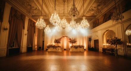 Elegant ballroom with chandeliers and floral decorations, ready for event