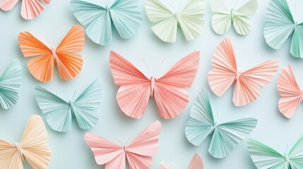 Colorful Paper Butterflies in Various Shapes and Styles Arranged on a Light Blue Background
