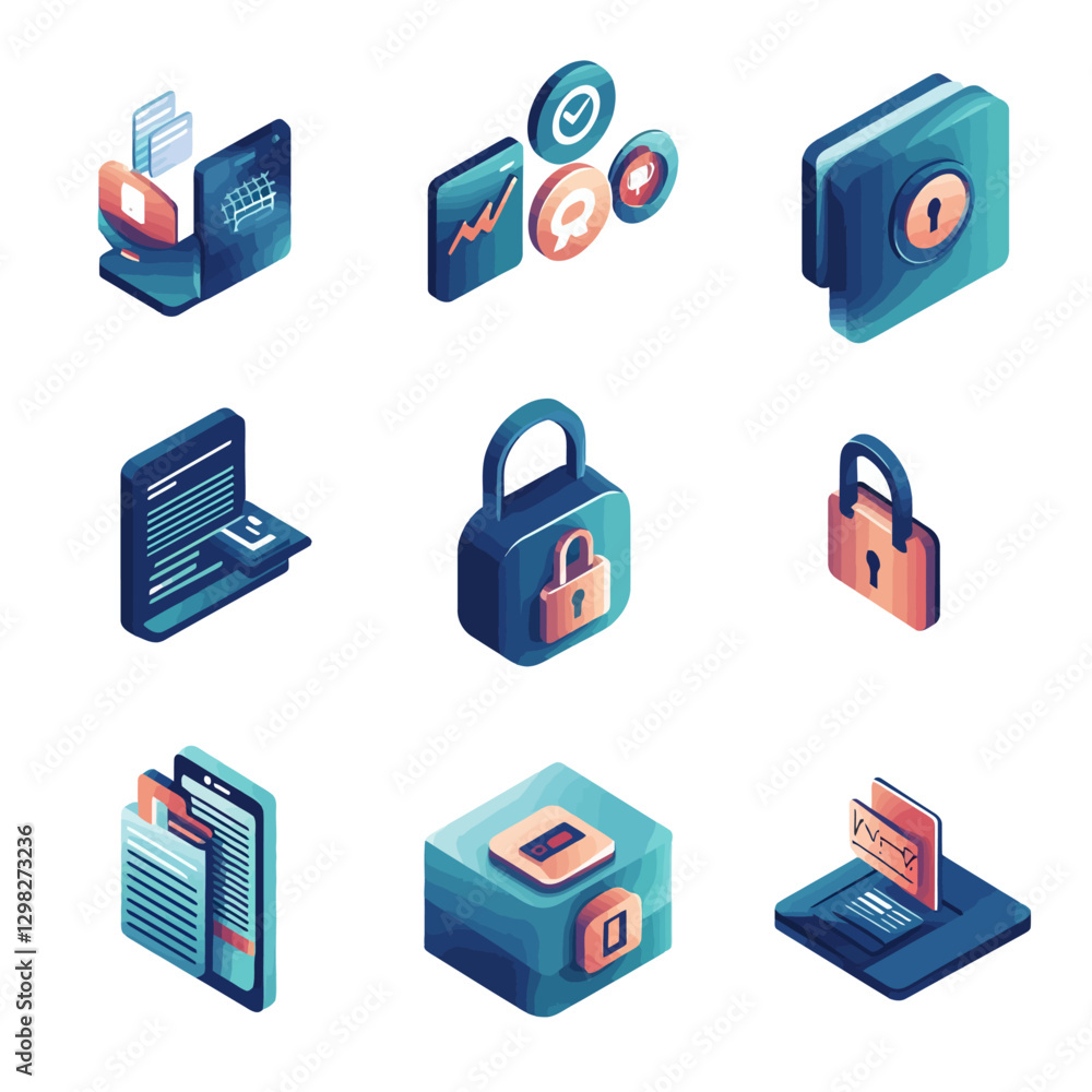 Poster isometric data security and management icons for modern tech solutions