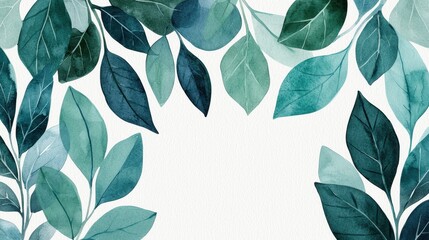 Elegant Watercolor Leaves in Shades of Green and Blue for Minimalist Nature Background or Design