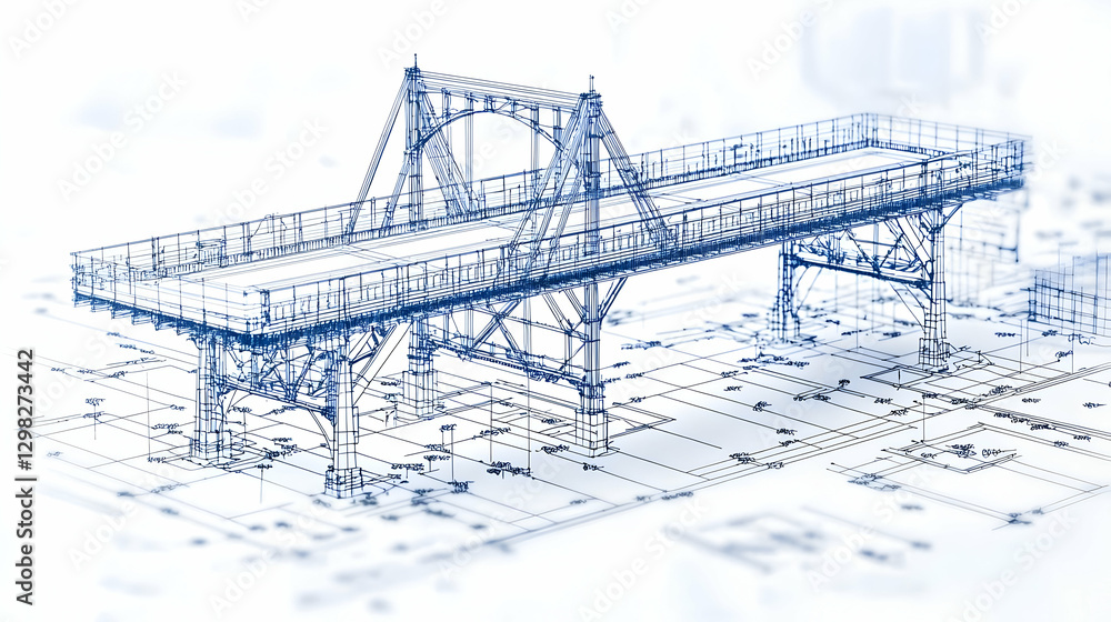 Poster detailed blueprint rendering of a modern bridge structure on white background