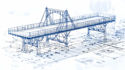Detailed Blueprint Rendering Of A Modern Bridge Structure On White Background