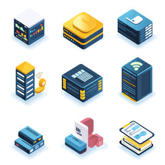 Isometric servers, data storage, networking and cloud computing icons set.