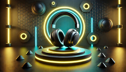 Obraz premium Cutting-Edge Headphones in a Neon-Lit Environment