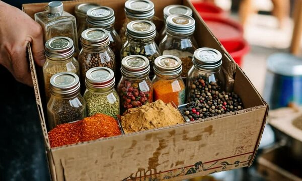 A person carrying a cardboard box filled with various spices and glass jars.