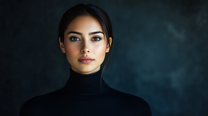 Confident businesswoman in black turtleneck, looking determined and self assured with powerful presence