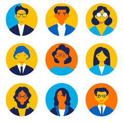 Diverse vector avatars of professionals on vibrant backgrounds, teamwork vibe