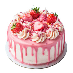 Delicious pink cake with strawberries and cream, perfect for celebrations or special occasions, pink cake topping on transparent background file