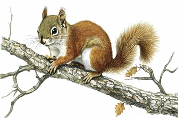 Obraz premium American Red Squirrel. Cute Furry Rodent on Green Tree Branch