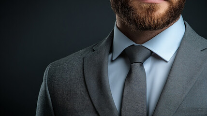Professional man with beard dressed in grey suit exudes confidence, and neat tie suggests detail oriented mindset, ready to conquer challenges