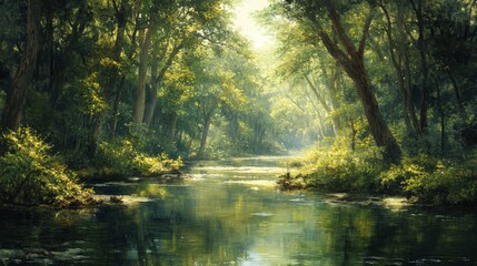 Fototapeta premium A tranquil river meanders through a verdant forest, its surface shimmering under sunlight. Deep blue-green waters mirror the lush foliage, crafting a serene oasis of peace and natural beauty