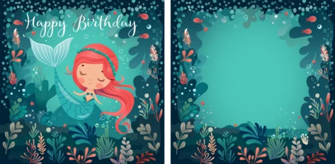 Foto auf Acrylglas Meerjungfrau Cute little mermaid with red hair swimming underwater among corals and fish. Fantasy sea world illustration in fairy tale style. Birthday card template  © Nastasiya