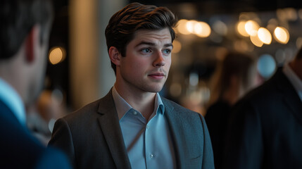 Obraz premium Young professional at networking event, looks thoughtful while in conversation positive business interactions