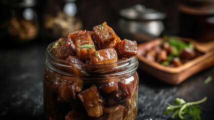 Braised Pork Belly. Oriental Style Appetizer with Selective Focus on Dark Background