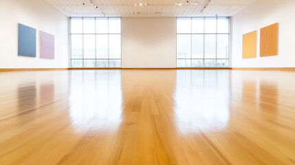 Obraz premium spacious art gallery inside school with elegant exhibitions and wooden flooring