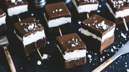 Obraz premium bitten chocolate-dipped ice cream sandwich on a black slate 