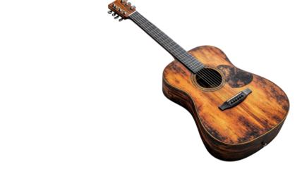 Beautiful vintage acoustic guitar with a rich wood finish resting on a light background