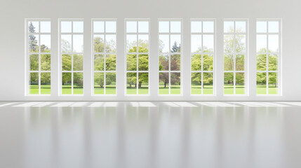 Spacious classroom with large windows, white walls, and natural light