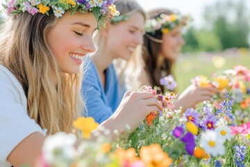 Naklejka premium SistersCreating Flower Crowns In A Colorful Field