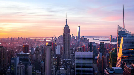 Aerial View Of A New York City Skyline At Sunset With Orange And Blue Hues Showing Architectural Structures