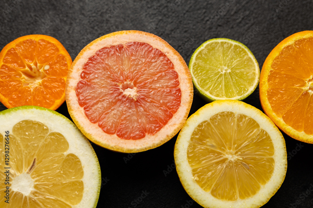 Aufkleber a row of oranges and limes are sliced open and arranged on a black background. the oranges are orang