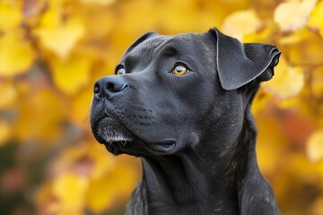 Black Dog Gazing Autumn Leaves