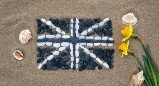 Pebble Union Jack on sand with seashells and daffodils