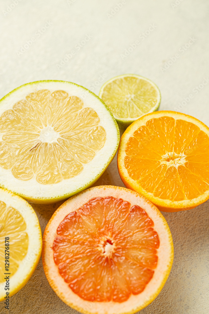 Aufkleber a close up of four different colored oranges and a grapefruit. the oranges are orange and the grapef