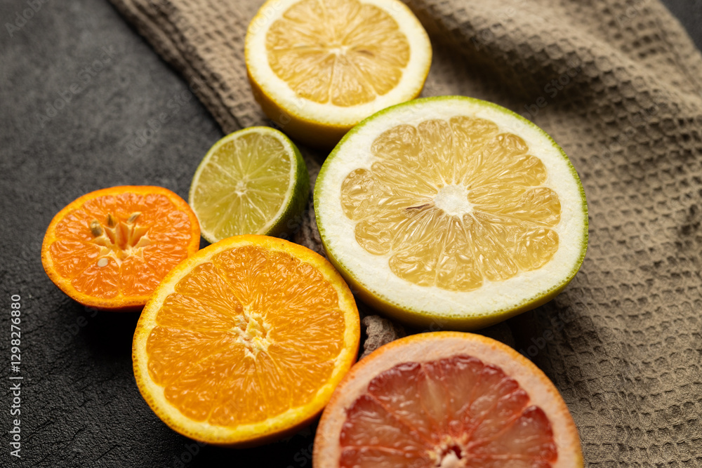 Aufkleber a bunch of oranges and grapefruits are sliced and arranged on a table. the oranges are in various st