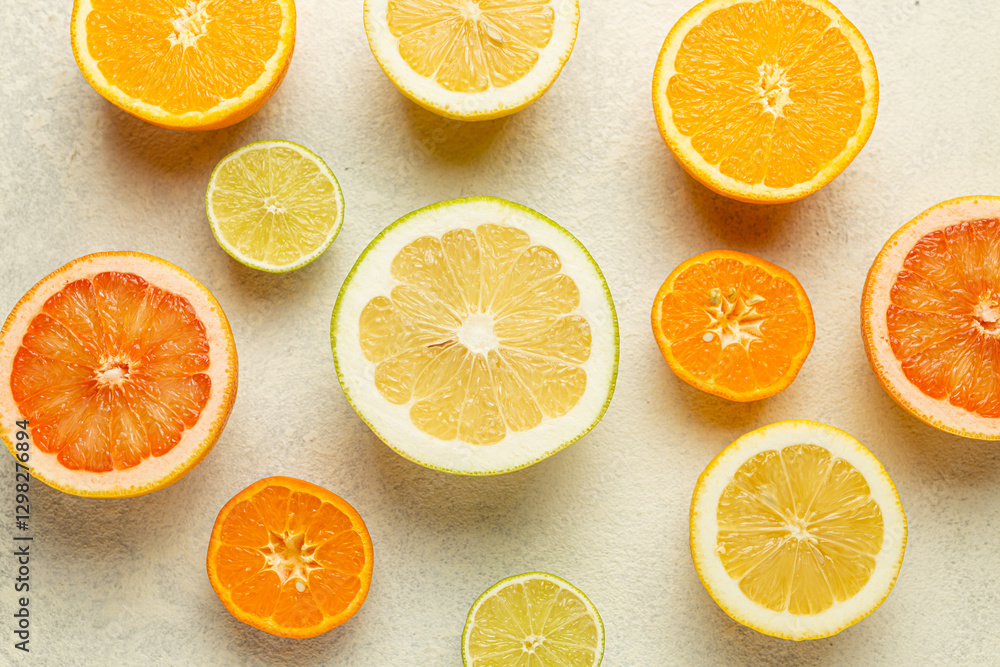 Poster a close up of several oranges and limes on a white background. the oranges are sliced and the limes 