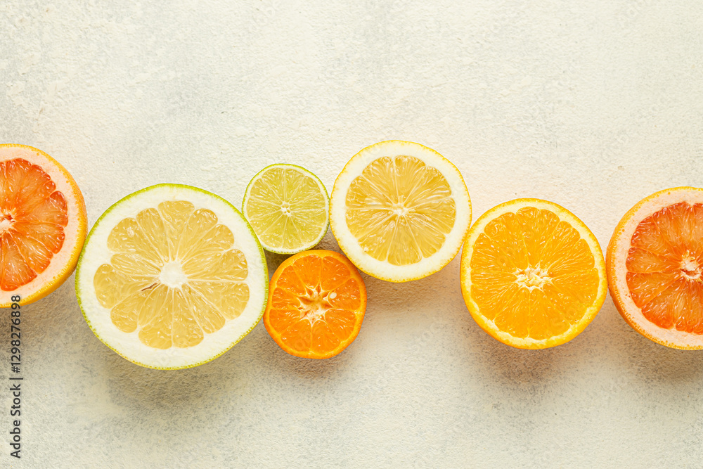 Aufkleber a row of oranges and limes are sliced and arranged on a white background. the oranges are in the mid