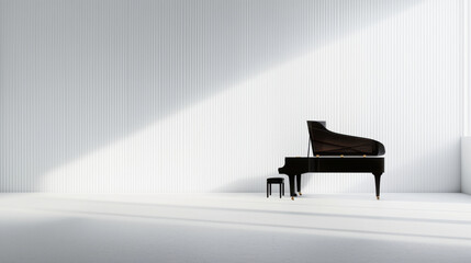 grand piano in minimalist, sunlit room with white walls and elegant design